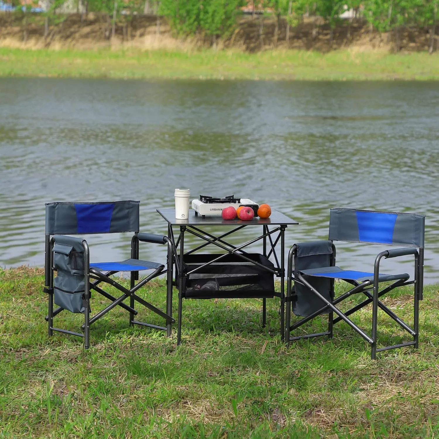 XXL Oversized Folding Camping Chair, Portable Directors Chair with Side Table & Storage Pocket, Lawn Chairs for Fishing,Trip,Picnic,Lawn,Concert Outdoor, 1 PCS Blue