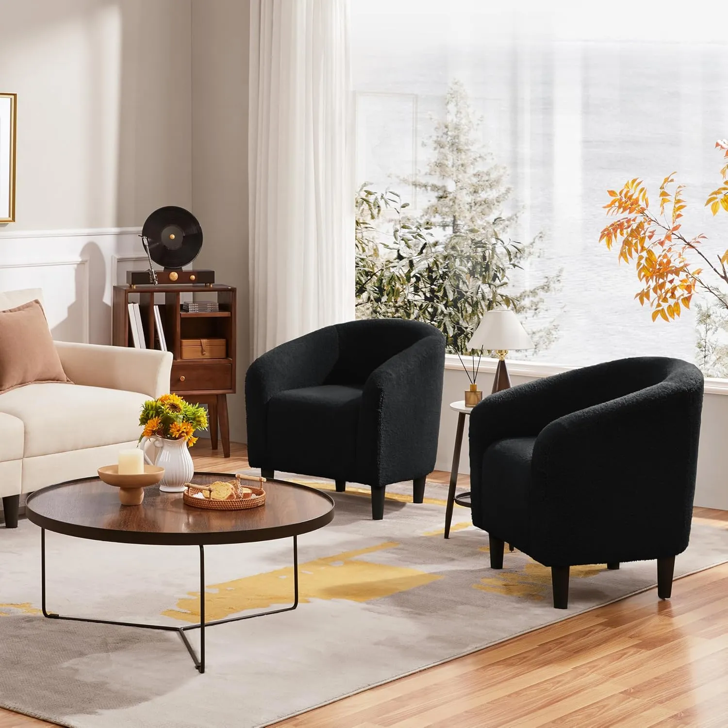 Yaheetech Accent Barrel Chair, Boucle Fabric Club Chair, Furry Sherpa Elegant Armchair with Cozy Soft Padded, Suitable for Living Room Bedroom Reception Room Office, Black