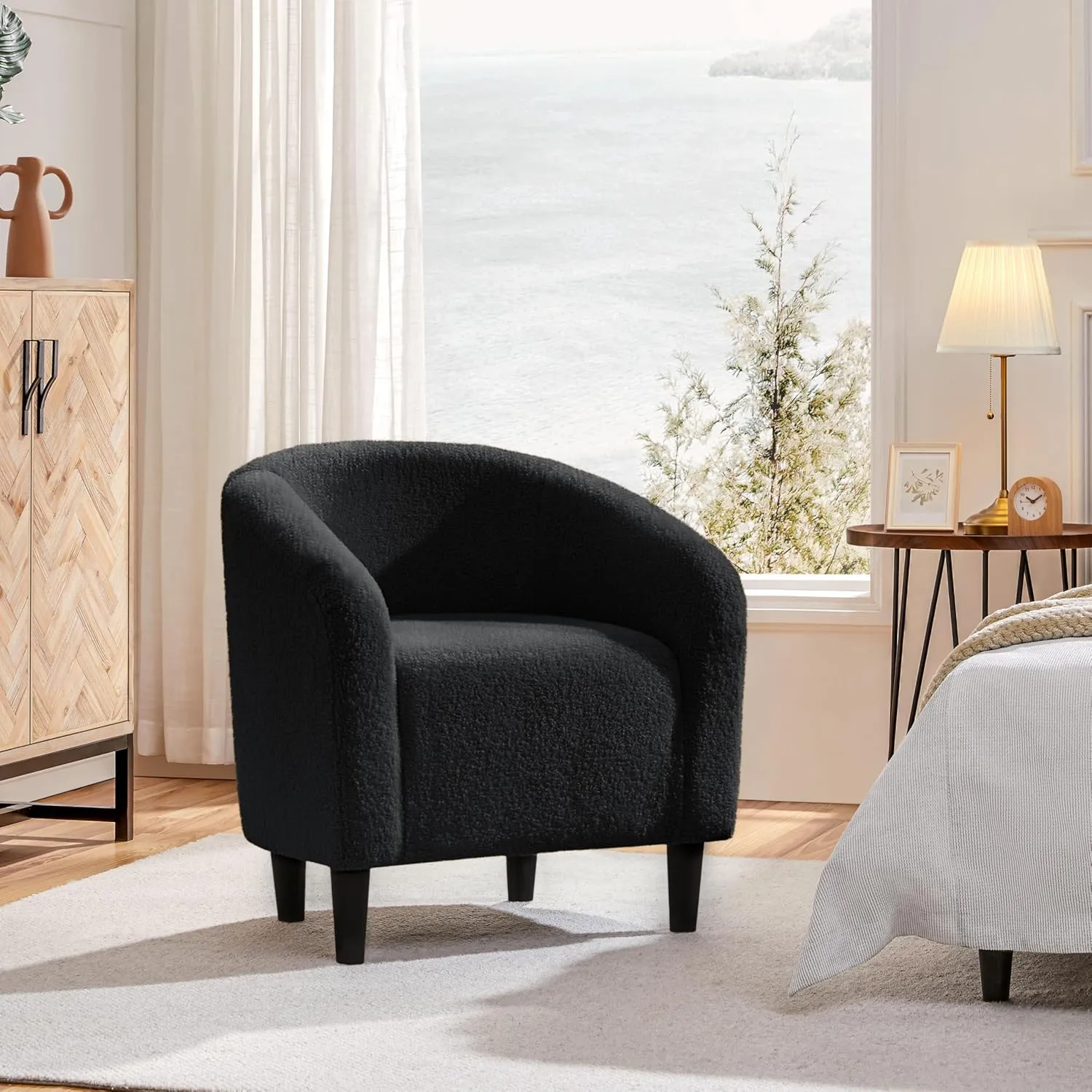 Yaheetech Accent Barrel Chair, Boucle Fabric Club Chair, Furry Sherpa Elegant Armchair with Cozy Soft Padded, Suitable for Living Room Bedroom Reception Room Office, Black