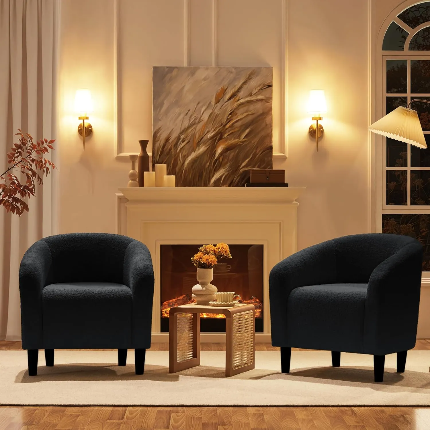 Yaheetech Accent Barrel Chair, Boucle Fabric Club Chair, Furry Sherpa Elegant Armchair with Cozy Soft Padded, Suitable for Living Room Bedroom Reception Room Office, Black