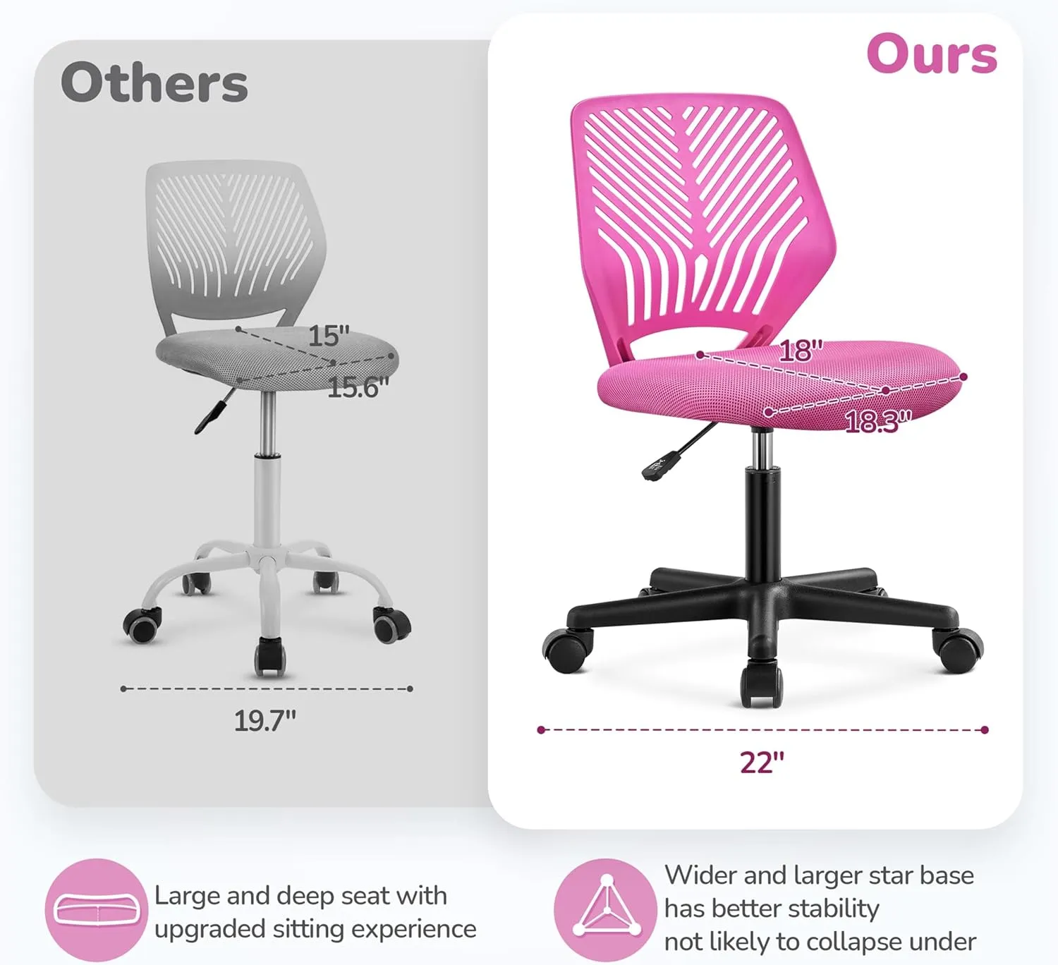 Yaheetech Students Cute Desk Chair Low-Back Armless Study Chair w/Lumbar Support Adjustable Swivel Chair in Home Bedroom School, Rose Red