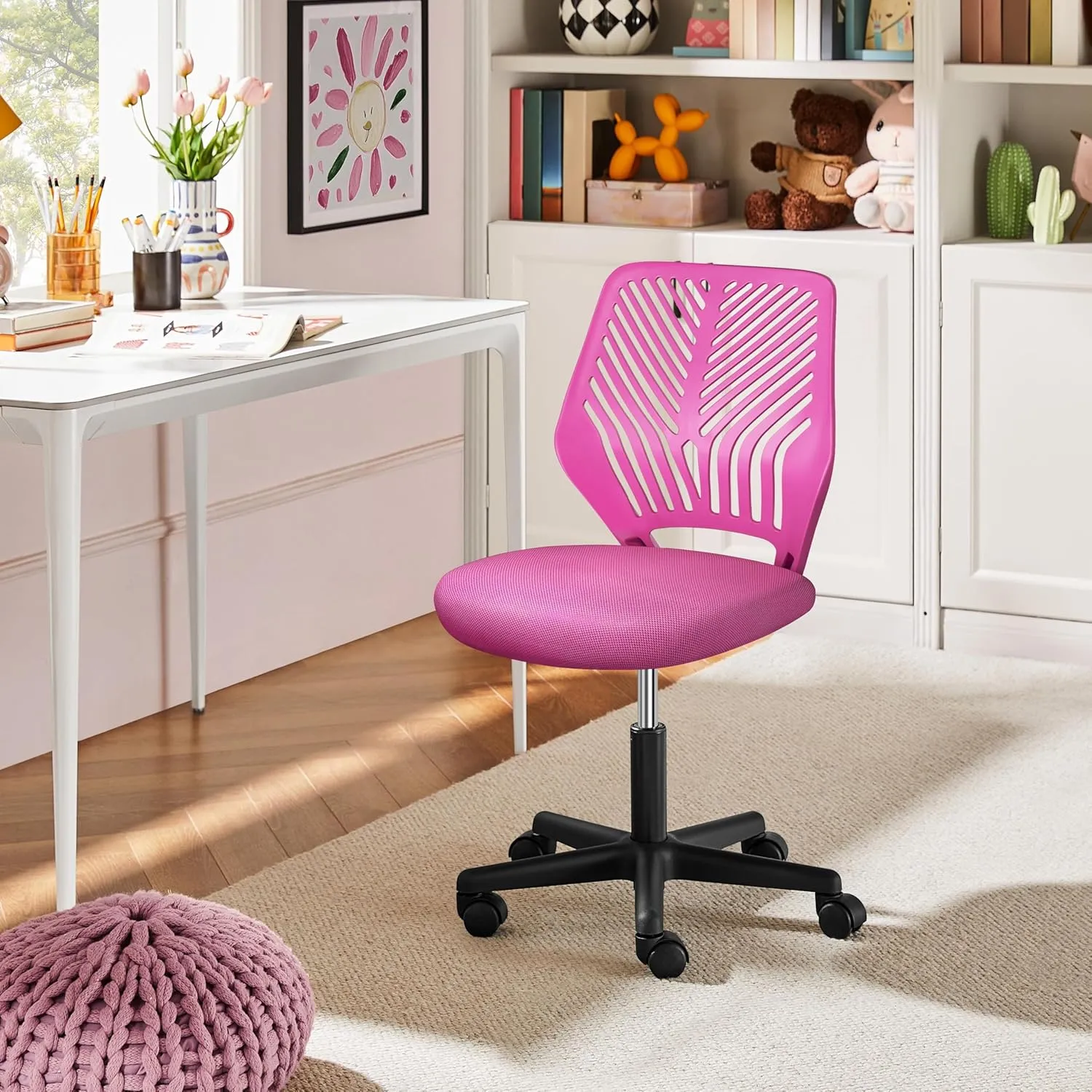 Yaheetech Students Cute Desk Chair Low-Back Armless Study Chair w/Lumbar Support Adjustable Swivel Chair in Home Bedroom School, Rose Red