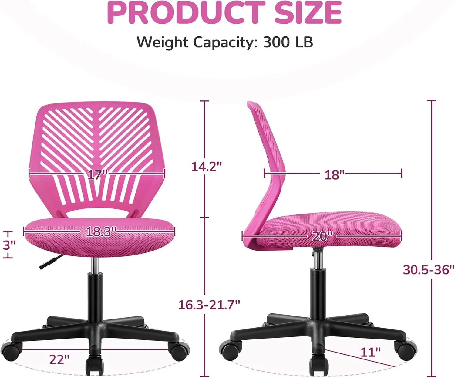 Yaheetech Students Cute Desk Chair Low-Back Armless Study Chair w/Lumbar Support Adjustable Swivel Chair in Home Bedroom School, Rose Red
