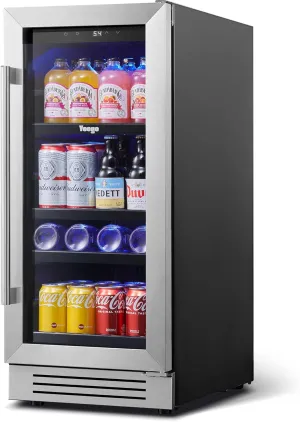 Yeego Beverage Refrigerator Cooler - 15 inch 80 Cans Mini Fridge with Glass Door, 34-54 ℉ Drink Cooler, Built-in or Freestanding for Wine Beer Soda Bar Office Home Dorm
