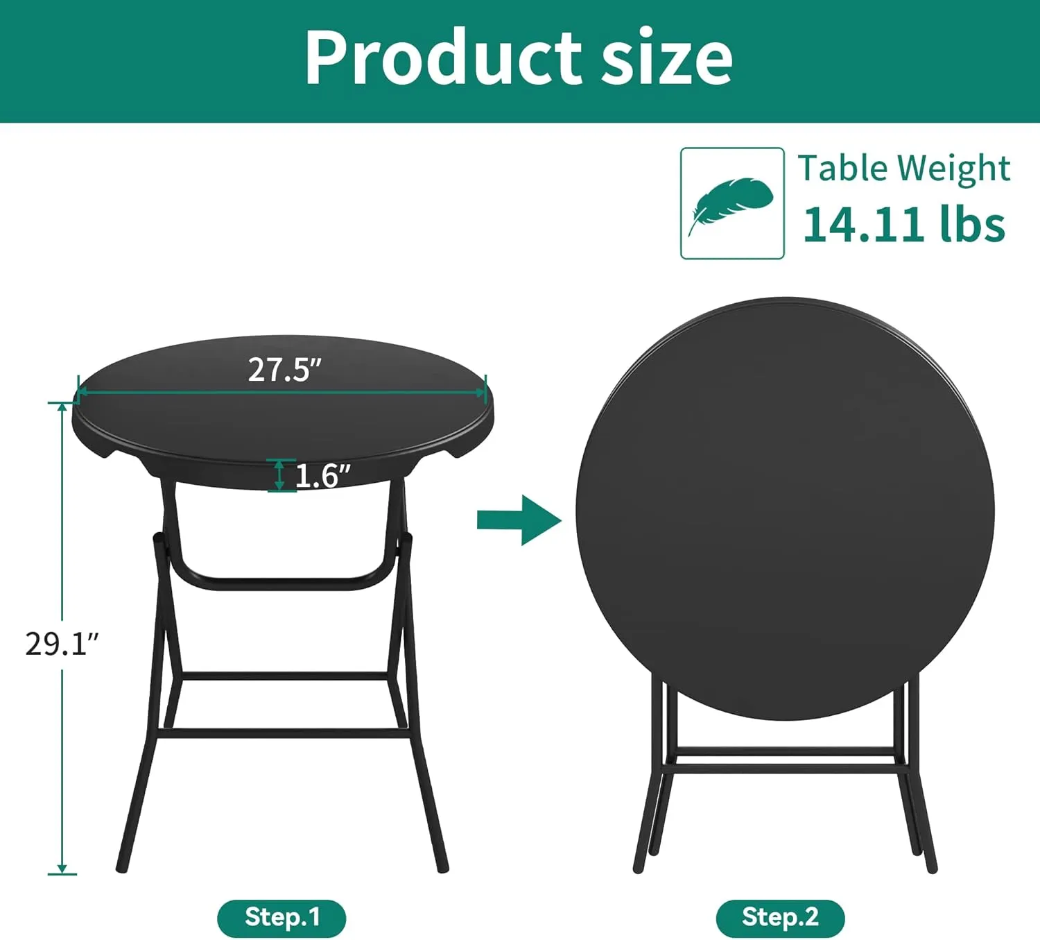 YITAHOME 32 Inch Round Folding Table for Outdoor/Indoor, Lightweight Foldable Table w/Thick Table Top and Sturdy Metal Frame, Ideal for Patio Backyard Dining Room Events, Black