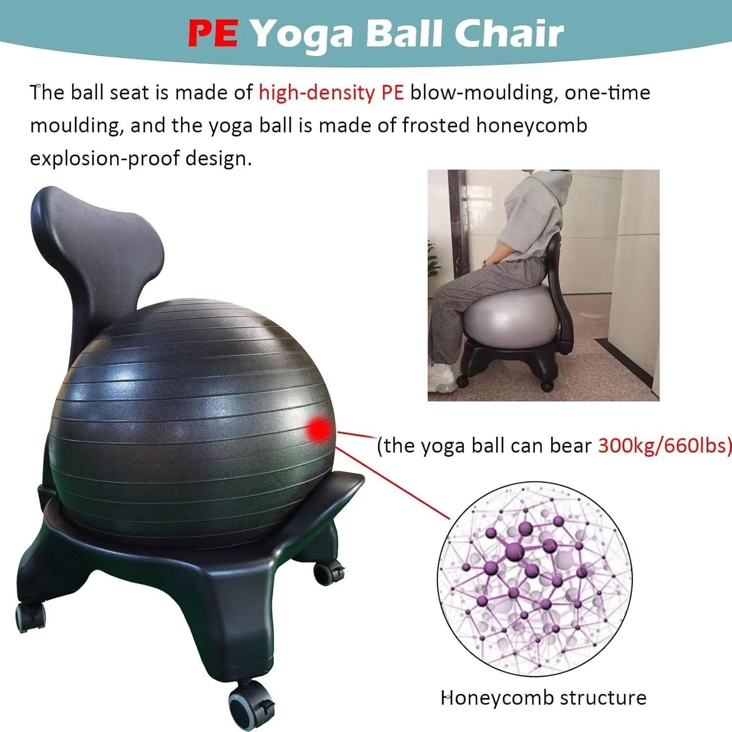 Yoga Balance Exercise Bouncy Ball Chair Yoga Ball Chair for Pregnancy, Balance Ball Seat for Home Office School Gym Prolonged Sitting, Bouncy Ball Stool with Lockable Wheels And Foot Pump(Yoga ball Ch