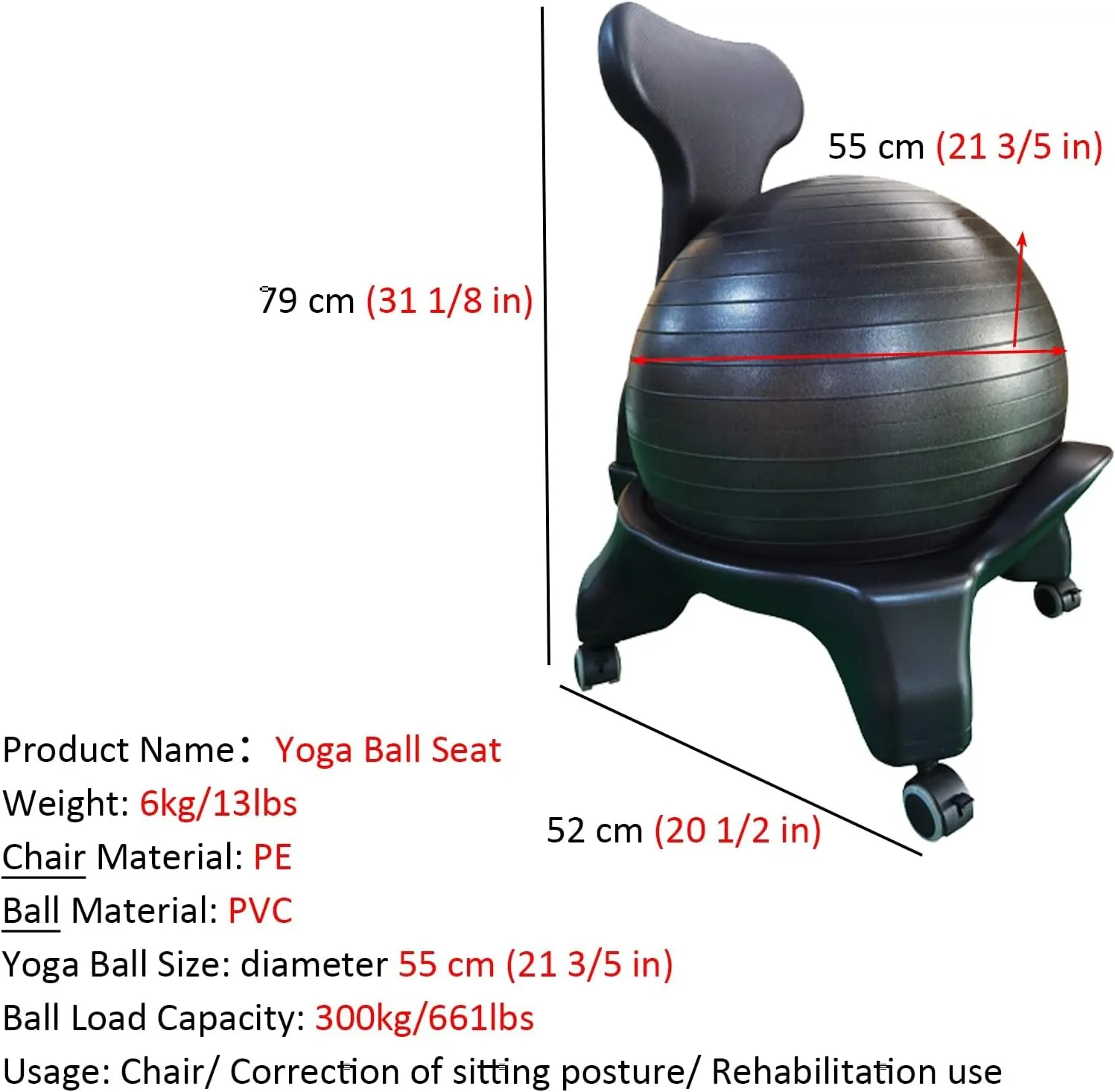Yoga Balance Exercise Bouncy Ball Chair Yoga Ball Chair for Pregnancy, Balance Ball Seat for Home Office School Gym Prolonged Sitting, Bouncy Ball Stool with Lockable Wheels And Foot Pump(Yoga ball Ch