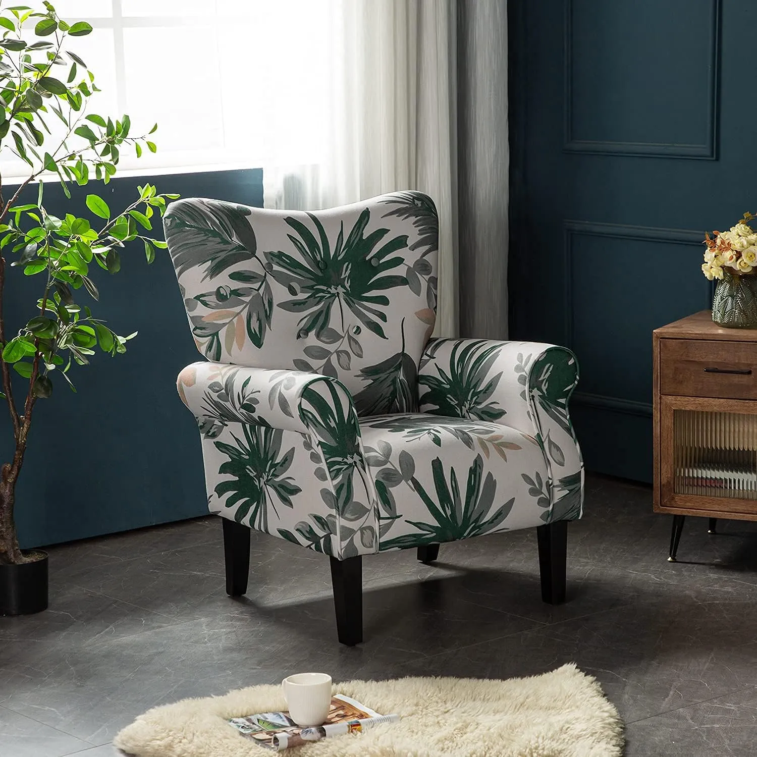 YOLENY Mid Century Wingback Arm Chair,Modern Upholstered Fabric High Back Accent Chair with Wood Legs,Upholstered Single Sofa Club Chair for Living Room, Bedroom, Home Office, Green Leaves