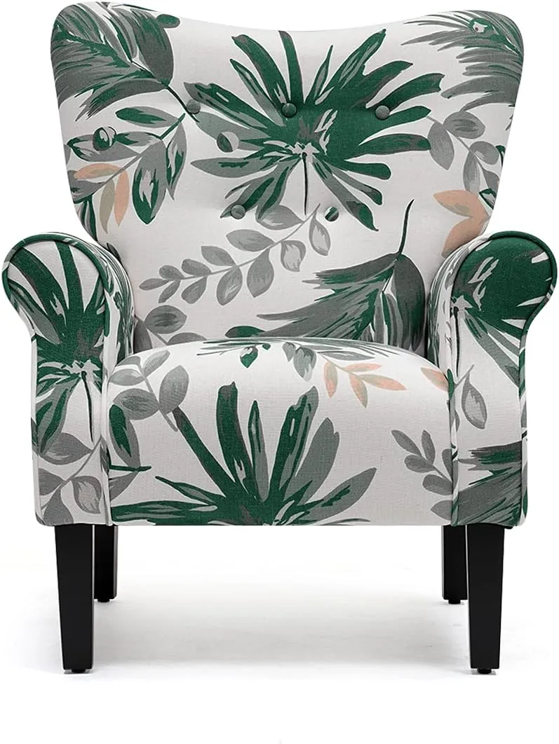 YOLENY Mid Century Wingback Arm Chair,Modern Upholstered Fabric High Back Accent Chair with Wood Legs,Upholstered Single Sofa Club Chair for Living Room, Bedroom, Home Office, Green Leaves