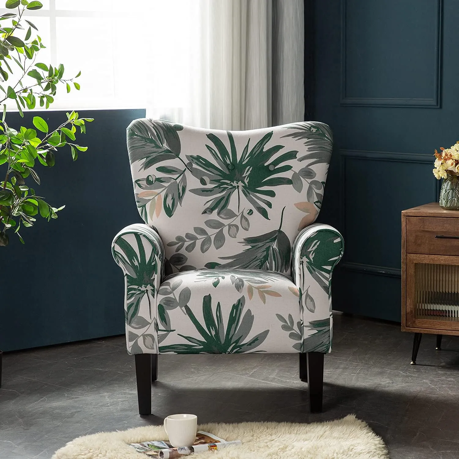 YOLENY Mid Century Wingback Arm Chair,Modern Upholstered Fabric High Back Accent Chair with Wood Legs,Upholstered Single Sofa Club Chair for Living Room, Bedroom, Home Office, Green Leaves
