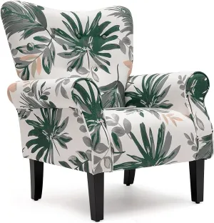 YOLENY Mid Century Wingback Arm Chair,Modern Upholstered Fabric High Back Accent Chair with Wood Legs,Upholstered Single Sofa Club Chair for Living Room, Bedroom, Home Office, Green Leaves