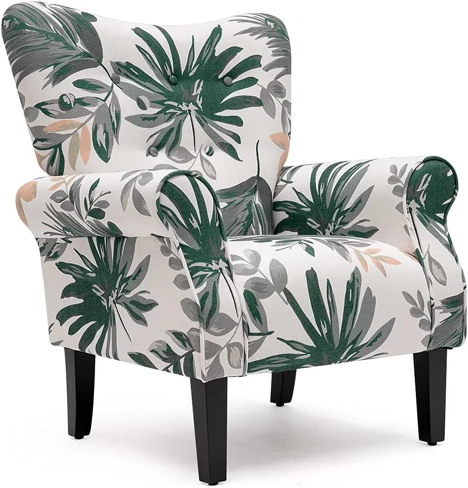 YOLENY Mid Century Wingback Arm Chair,Modern Upholstered Fabric High Back Accent Chair with Wood Legs,Upholstered Single Sofa Club Chair for Living Room, Bedroom, Home Office, Green Leaves