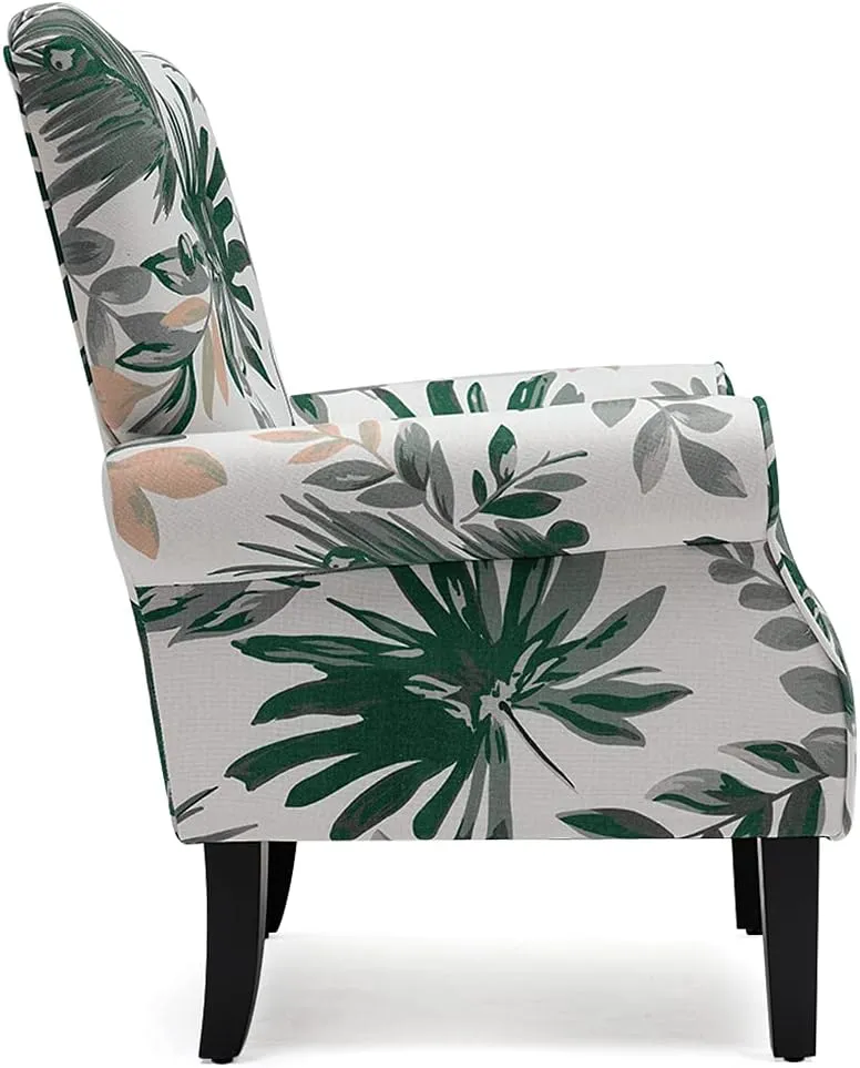 YOLENY Mid Century Wingback Arm Chair,Modern Upholstered Fabric High Back Accent Chair with Wood Legs,Upholstered Single Sofa Club Chair for Living Room, Bedroom, Home Office, Green Leaves