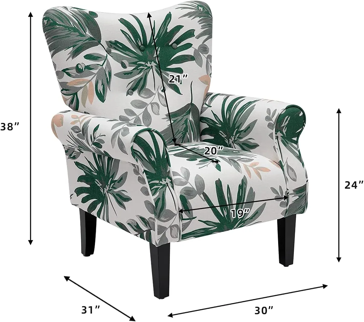 YOLENY Mid Century Wingback Arm Chair,Modern Upholstered Fabric High Back Accent Chair with Wood Legs,Upholstered Single Sofa Club Chair for Living Room, Bedroom, Home Office, Green Leaves