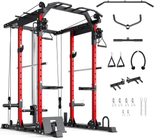 YOLEO Smooth Dual Pulley System Power Cage, 1600LBS Adjustable Cable Crossover Power Rack, Multi-Functional Squat Rack for Home Gym with More Training Attachment LAT Pulldown Bar, Tricep Rope