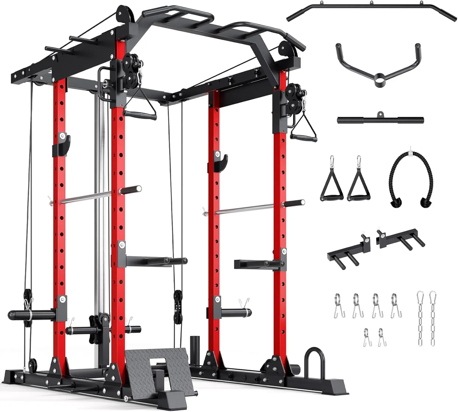 YOLEO Smooth Dual Pulley System Power Cage, 1600LBS Adjustable Cable Crossover Power Rack, Multi-Functional Squat Rack for Home Gym with More Training Attachment LAT Pulldown Bar, Tricep Rope