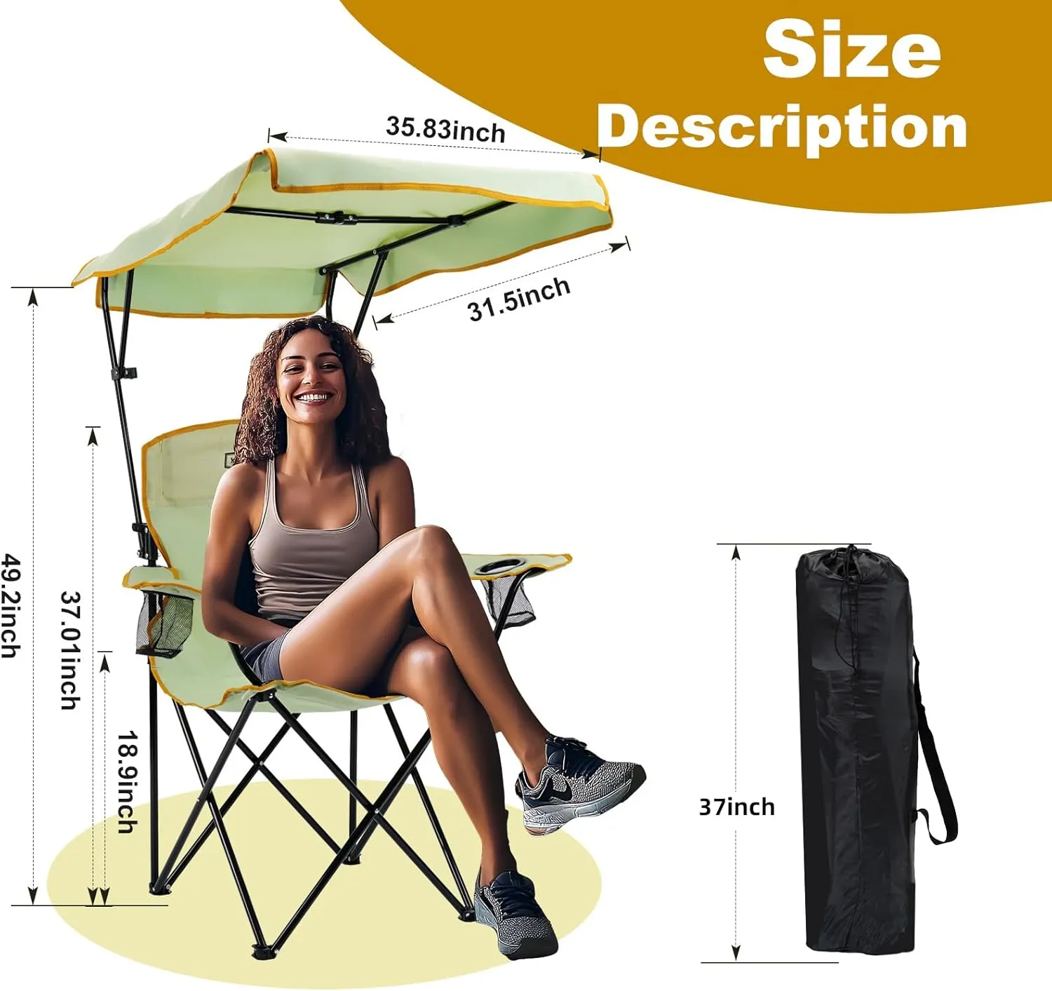 YOUNG WOOD Portable Camping Chair Beach Chair with Shade Canopy, Fold Lightweight Oversized for All, Easy to Open and Close Without Installation, Side Pocket Design for All Outdoor Activities，Green