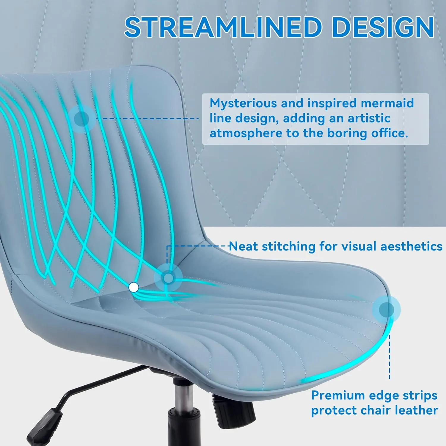 YOUNIKE Office Chair, Adjustable Swivel Armless Desk Chair with Wheels, Aesthetic Home Office Computer Task Chairs, Modern Faux Leather Upholstered Vanity Chair with Back, Blue