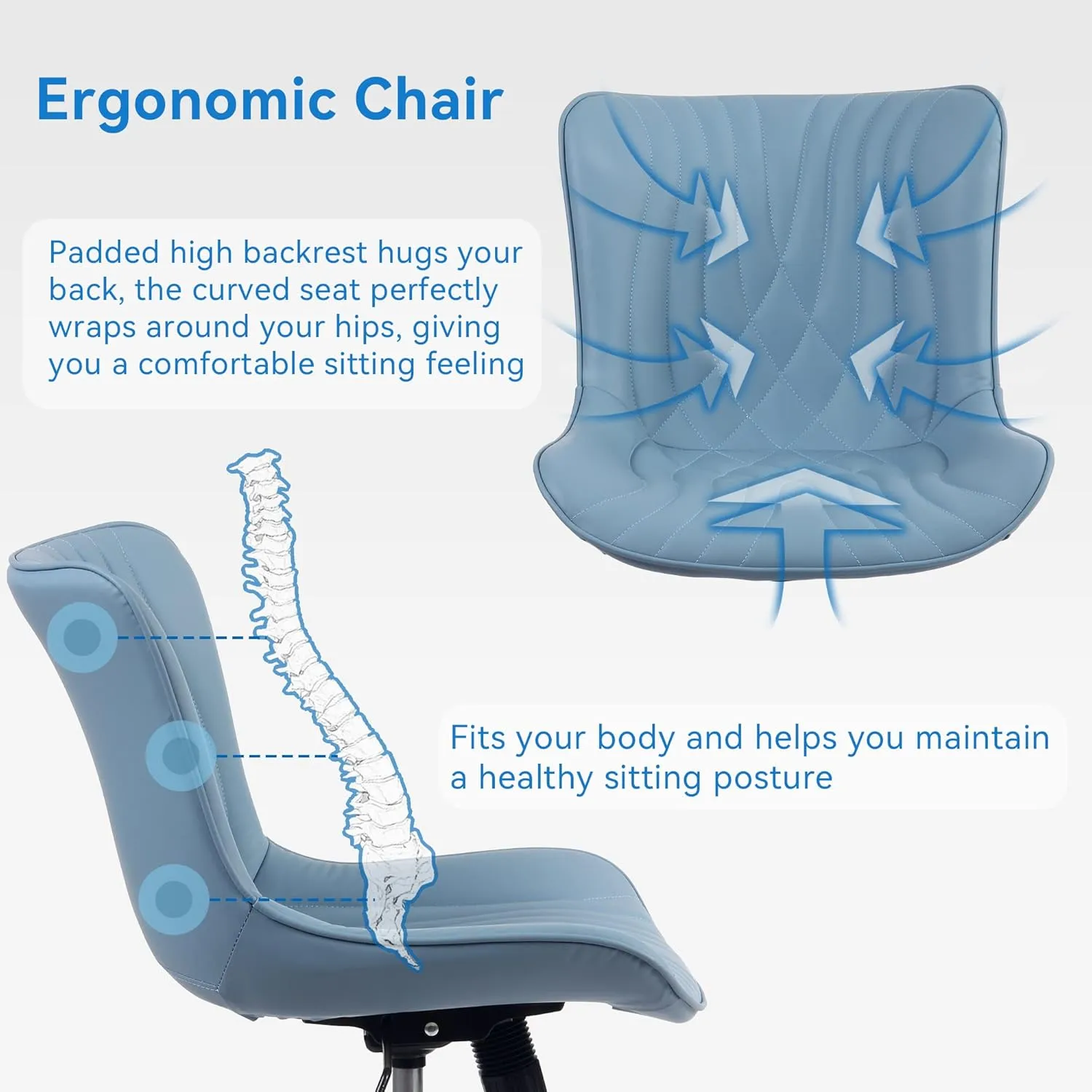 YOUNIKE Office Chair, Adjustable Swivel Armless Desk Chair with Wheels, Aesthetic Home Office Computer Task Chairs, Modern Faux Leather Upholstered Vanity Chair with Back, Blue