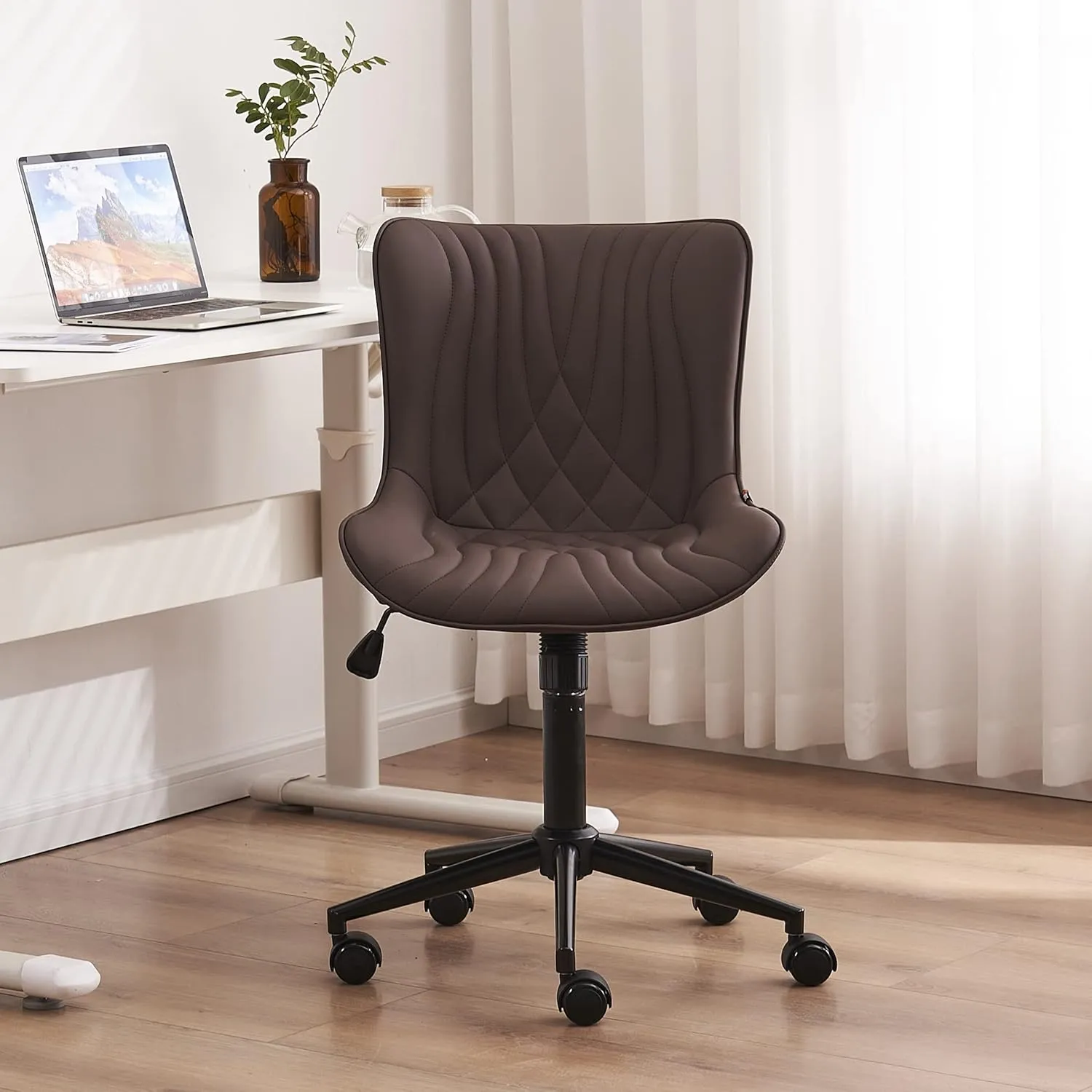 YOUNIKE Office Chair, Armless Desk Chair with Wheels, Home Office Computer Task Chairs, Modern Faux Leather Upholstered Vanity Chair, Adjustable Swivel Rocking Chair with Back, Espresso Brown