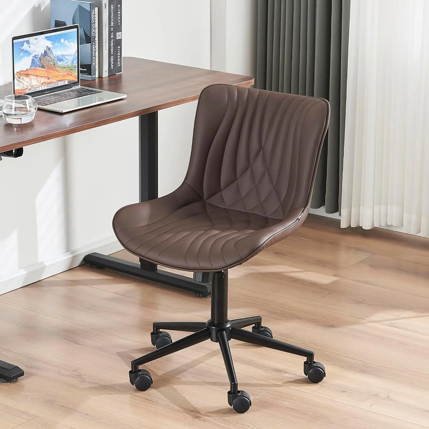 YOUNIKE Office Chair, Armless Desk Chair with Wheels, Home Office Computer Task Chairs, Modern Faux Leather Upholstered Vanity Chair, Adjustable Swivel Rocking Chair with Back, Espresso Brown