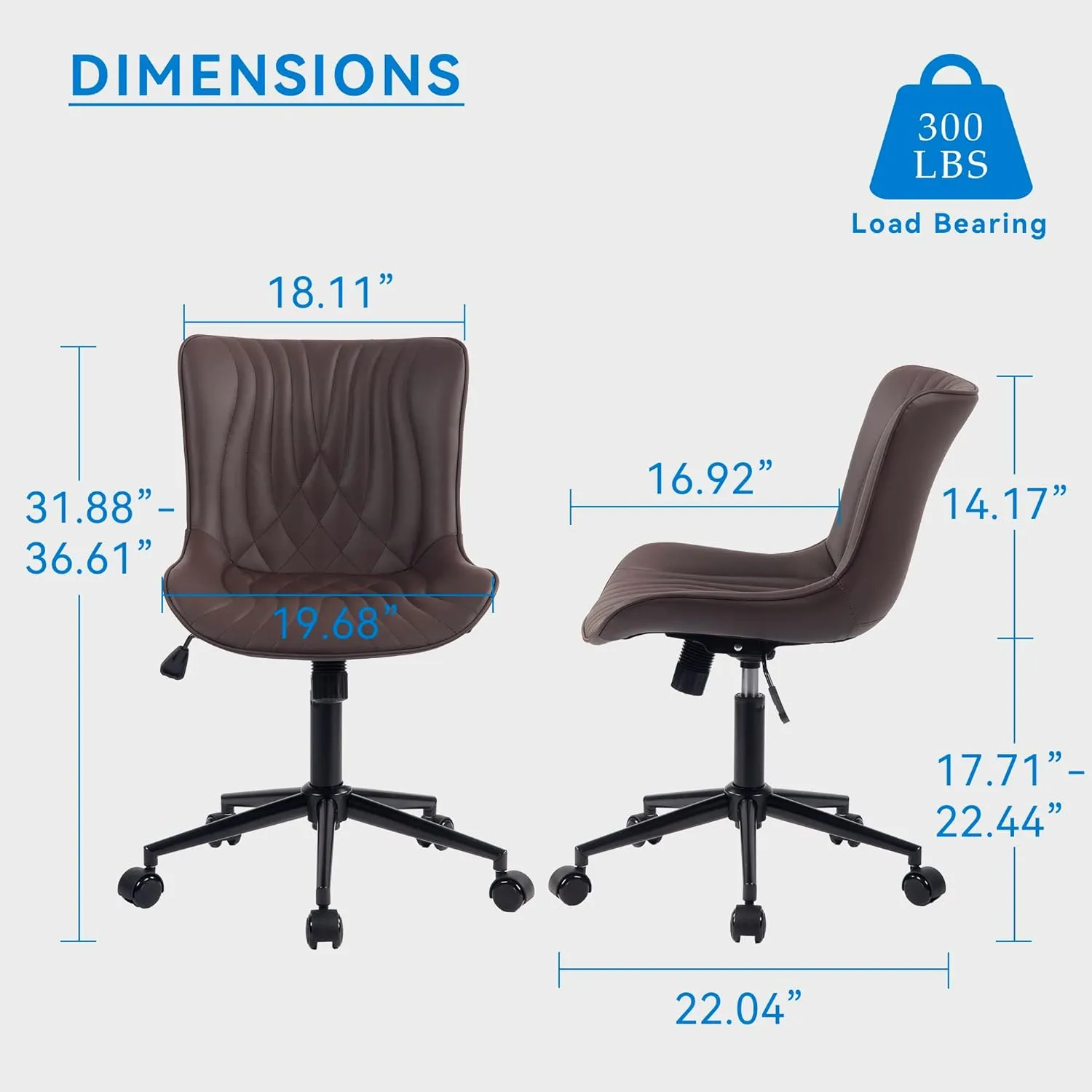 YOUNIKE Office Chair, Armless Desk Chair with Wheels, Home Office Computer Task Chairs, Modern Faux Leather Upholstered Vanity Chair, Adjustable Swivel Rocking Chair with Back, Espresso Brown