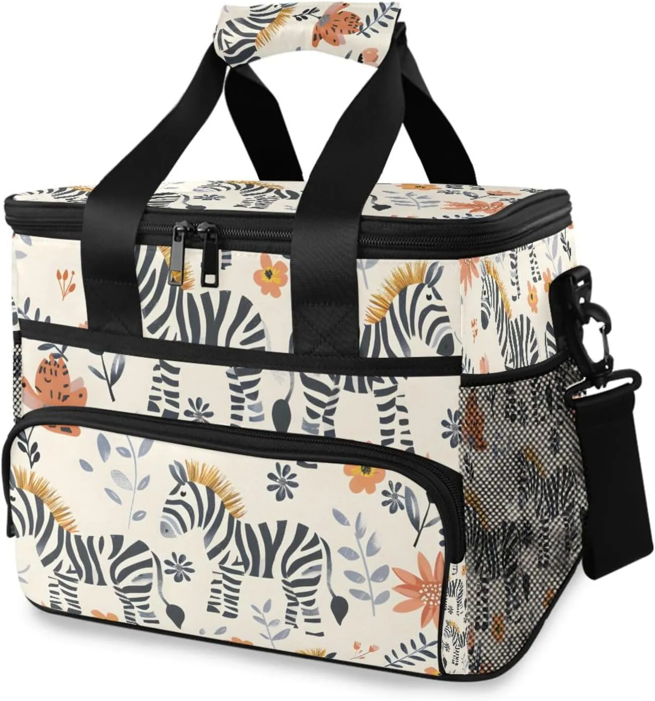 Zebras Flowers Forest Animal Cooler Bag Insulated Cooler Soft Sided Cooler 24 Can Portable Picnic Bag Large Leakproof Lunch Bag Box for Beach Grocery Camping Travel Car Men Women