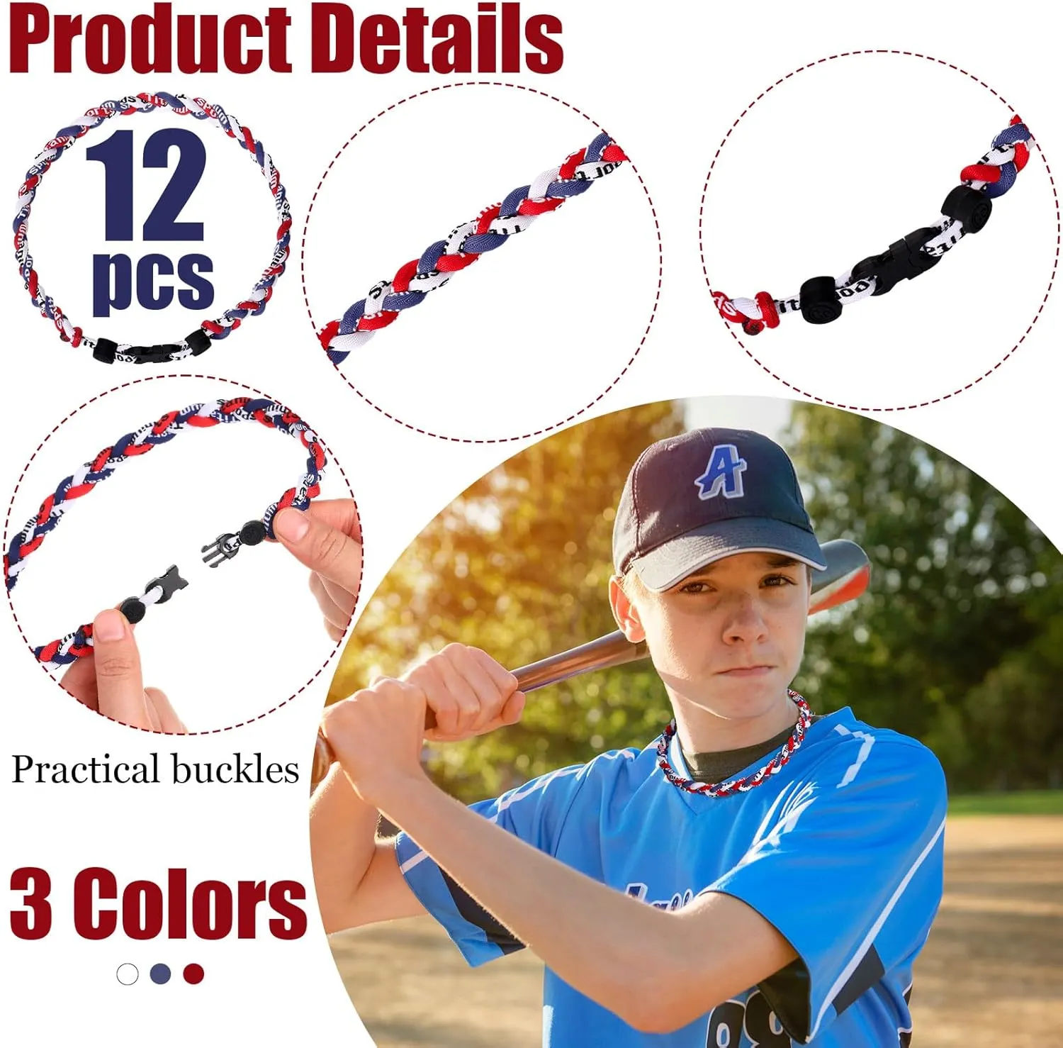 Zeyune 12 Pcs 18" Baseball Necklace for Boys Three Braided Rope Tornado Titanium Baseball Rope Necklace for Men Sport