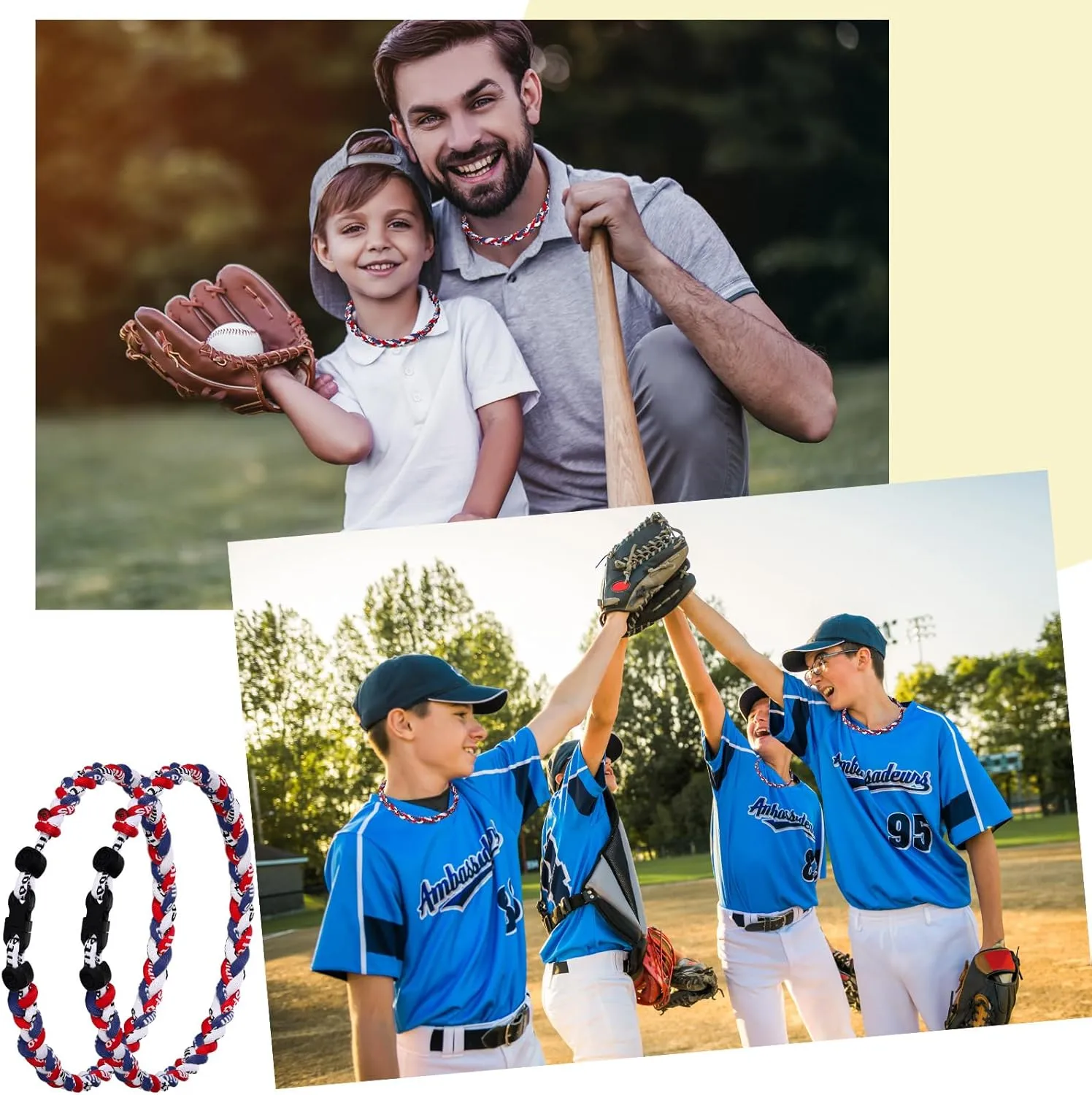 Zeyune 12 Pcs 18" Baseball Necklace for Boys Three Braided Rope Tornado Titanium Baseball Rope Necklace for Men Sport